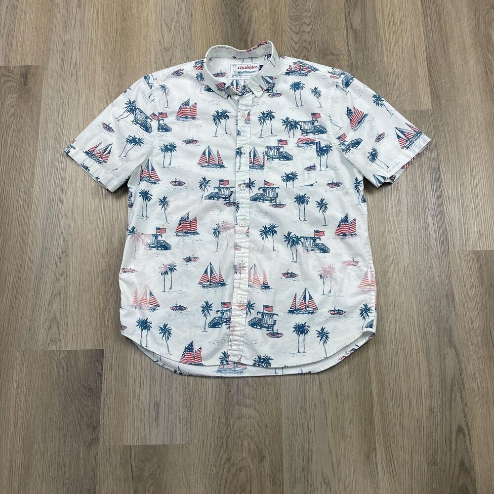 Chubbies Shirt Mens Large White Nautical Button Down Palm Tree Sailboat USA Flag